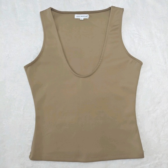 Good American Beige Tan Plunge Neckline Scoop Neck Tank Top Wide Strap Size 0 - Picture 1 of 6
